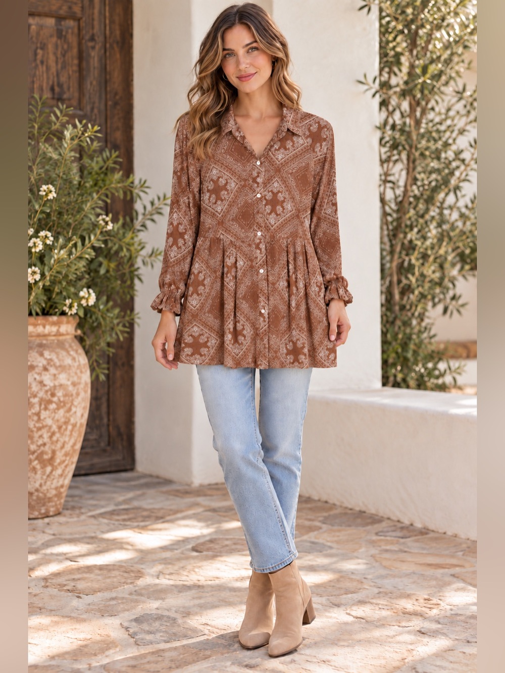 Blue B. Brown Paisley Boho Button-Front Mini Dress, Tunic Top, Cottagecore, S